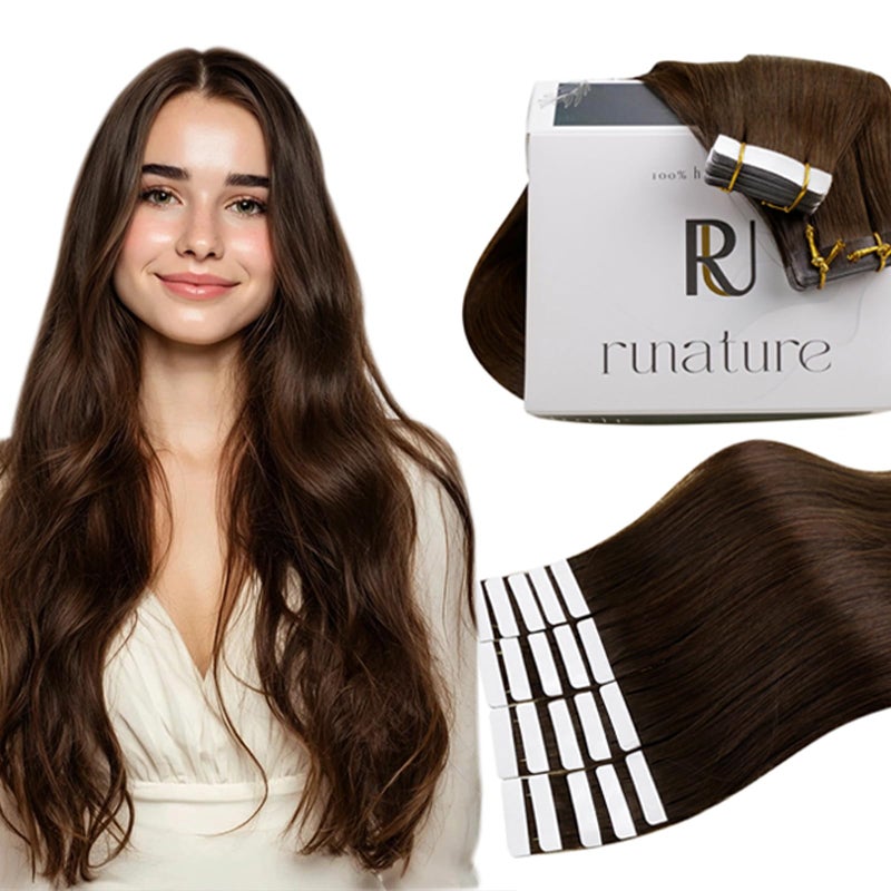 RUNATURE Brown Hair Extensions Tape in Real Human Hair 14 Inch Tape in Hair Extensions Human Hair Straight Tape ins Human Hair Extension Chocolate Brown Silky Remy Hair 40g 20pcs - Image 1
